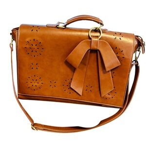 Brown Faux Leather Messenger Laptop Bag with Bow Detail